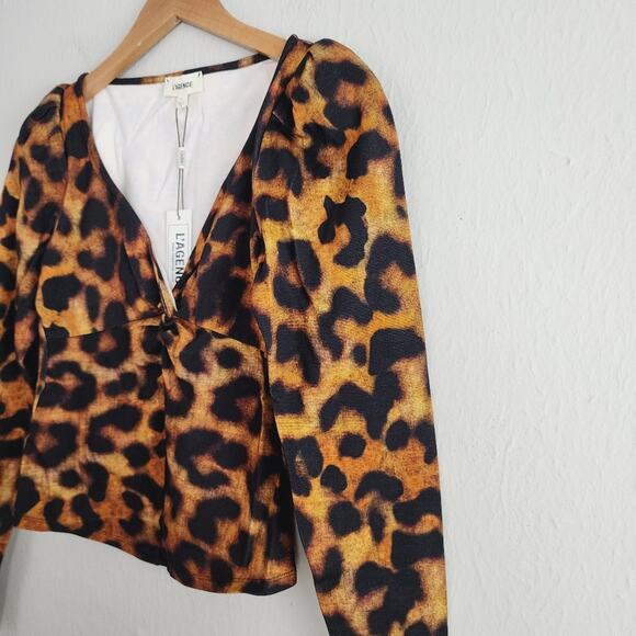 L'Agence Twisted V-Neck Leopard Print Puff Sleeve Blouse Brown Black XS NWT - Picture 2 of 9